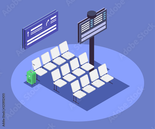 Airport departure area isometric color vector illustration. Airline terminal, waiting hall 3d concept isolated on blue background. Passengers lounge zone with empty seats and timetable