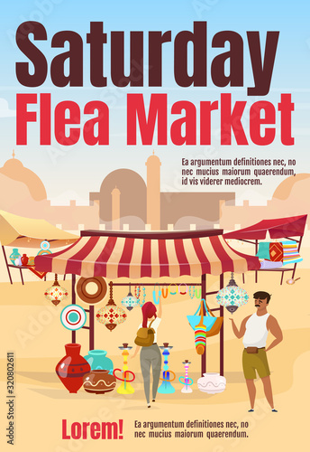 Saturday flea market poster flat vector template. Oriental marketplace with souvenirs. Brochure, cover, booklet one page concept design with cartoon characters. Advertising flyer, leaflet, newsletter