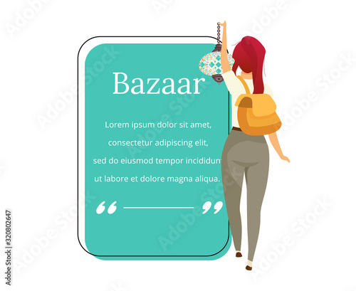 Bazaar buyer flat color vector character quote. Eastern marketplace, fair, souvenirs for tourist advertising. Citation blank frame template. Speech bubble. Quotation empty text box design