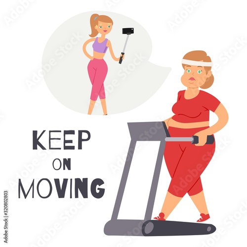 Keep on moving background with fat women sporty jogging on gym apparatus vector cartoon illustration. Obese fat woman doing sport and result loosing weight slim beauty girl in baloon, keep moving.