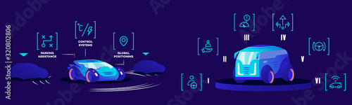 Smart driverless cars flat color vector illustrations. Autonomous automobiles with different automation levels and helping functions. Advances self driving vehicles on blue background