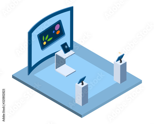 Electronics trade show isometric vector illustration. Modern gadgets, devices promotional fair place interior 3d layout isolated on white. Tradeshow exposition, contemporary commercial exhibition