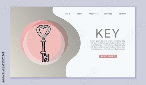 Vintage key with heart shape to open any door vector web banner. Retro hand drawn sketch key to love illustration. Locking and unlocking doors for lovers and dates website or landing concept.