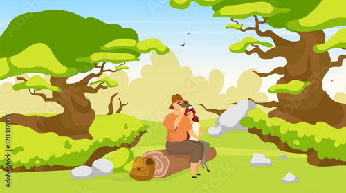 Couple of tourist flat vector illustration. Woman and man sitting on log in forest. Hikers observing nature. Trekkers on rest in woods. Watching wildlife. Backpackers cartoon characters