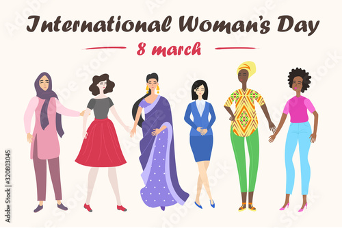 International Womens Day greeting card. Illustration with women of different nationalities and cultures.