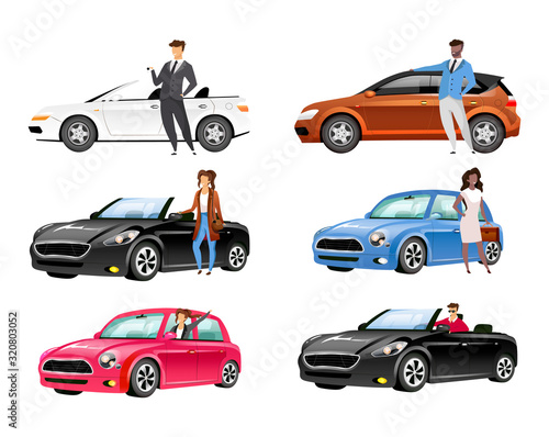 Happy auto owners flat color vector faceless characters set. Young men and women with personal transport. People standing by cars isolated cartoon illustrations on white background