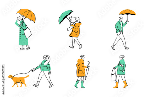 People with umbrellas flat contour vector illustrations set. Walking caucasian humans isolated cartoon outline character on white background. Rainy day. Men and women in raincoats simple drawings