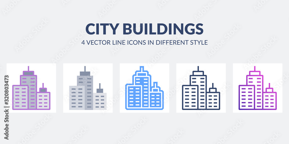 City buildings icon in flat, line, glyph, gradient and combined styles.
