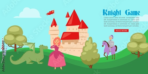 Medieval or fairy tale cartoon knight game banner with castle and knight in full body armor suits on horse  dragon and princess vector illustration. Knight game website.