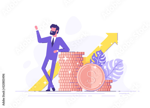 Financial consultant leaning on a stack of coins smiles friendly and waves with hand. Successful investor or entrepreneur. Financial consulting, investment and savings. Modern vector illustration.