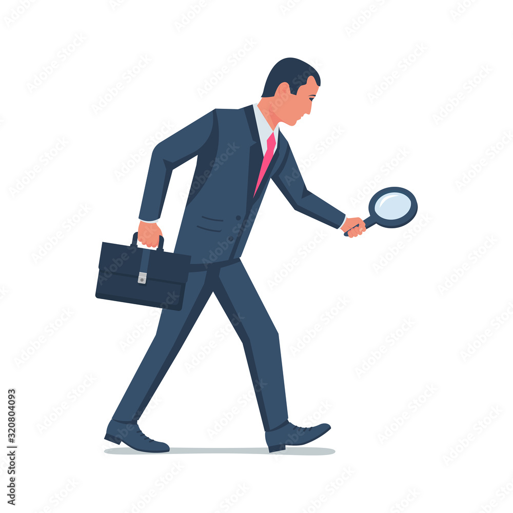 Businessman with a magnifying glass follows the trail. Search for the loss. Look through a lupe. Vector illustration flat design. Isolated on white background. A man in a suit and with a suitcase. Businessman with a magnifying glass follows the trail. Search for the loss. Look through a lupe. Vector illustration flat design. Isolated on white background. A man in a suit and with a suitcase.