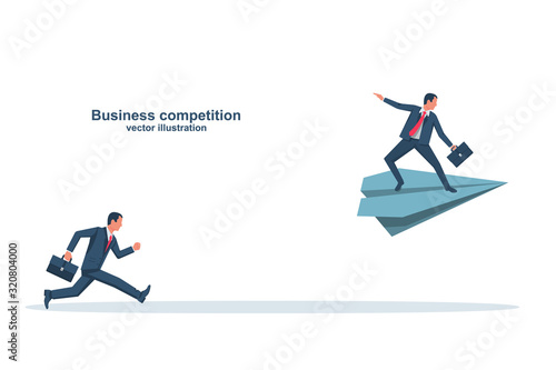 Competition business. Businessmen compete on the road to success. A plane is faster than running. Creative solution to the problem. Vector illustration flat design. Isolated on white background.