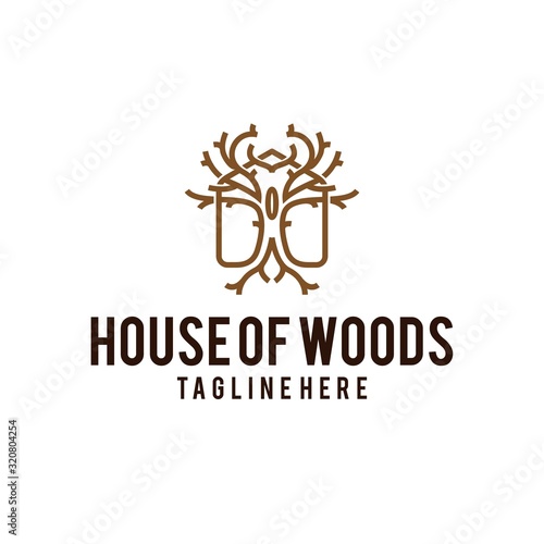 house of wood logo design. abstract twigs of a tree in the house vector illustration for furniture wood craft company graphic template