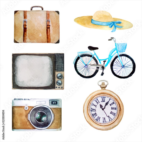 watercolor illustration of vector retro vintage objects, old icons of hat, suitcase, tv, bicycle, photo camera, pocket clock, isolated on white
