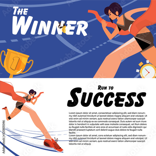 female athlete crossing finish line. successful and get achievement concept - vector