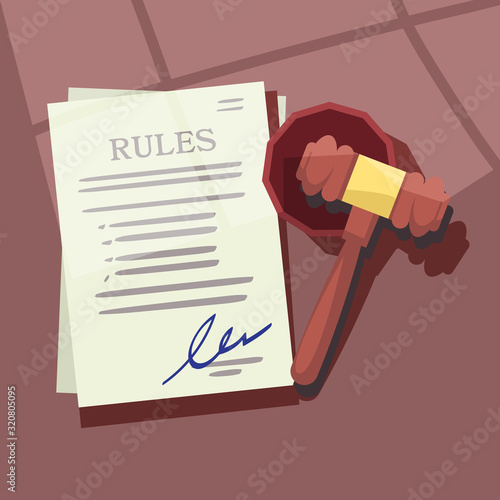 Judege gavel with rules or laws paper - vector illustration