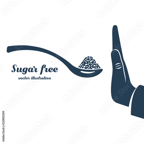 Sugar free black icon. Human gesture hand refuses to sweet. No sugar. Harmful product. Healthy lifestyle. Vector illustration flat design. Isolated on white background. Black silhouette.