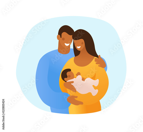A man hugs and takes care of his wife and child. Mom hugs a newborn baby. Black married couple with son or daughter. Simple vector illustration.