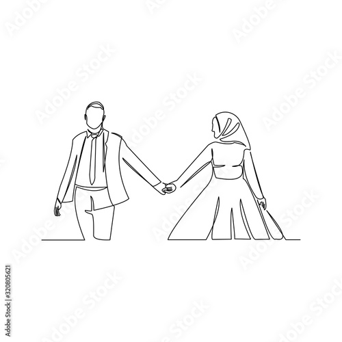 Continuous line drawing of romantic muslim couple in islamic clothes and hijab scarf. Ramadan kareem and ied mubarak greeting card line concept. Vector illustration.
