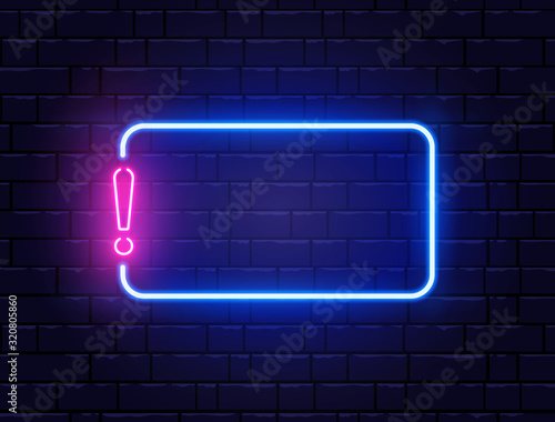 Neon quiz banner. Glowing exclamation mark. Color neon banner on brick wall. Realistic bright night signboard. Shining neon effect. Exclamation mark frame logo. Vector illustration photo