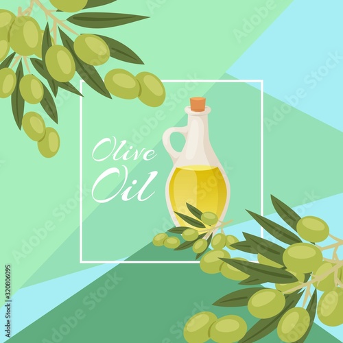Olive oil glass pitcher with black and green olives,and white frame poster vector illustration. Organic olive oil for health from spain poster.
