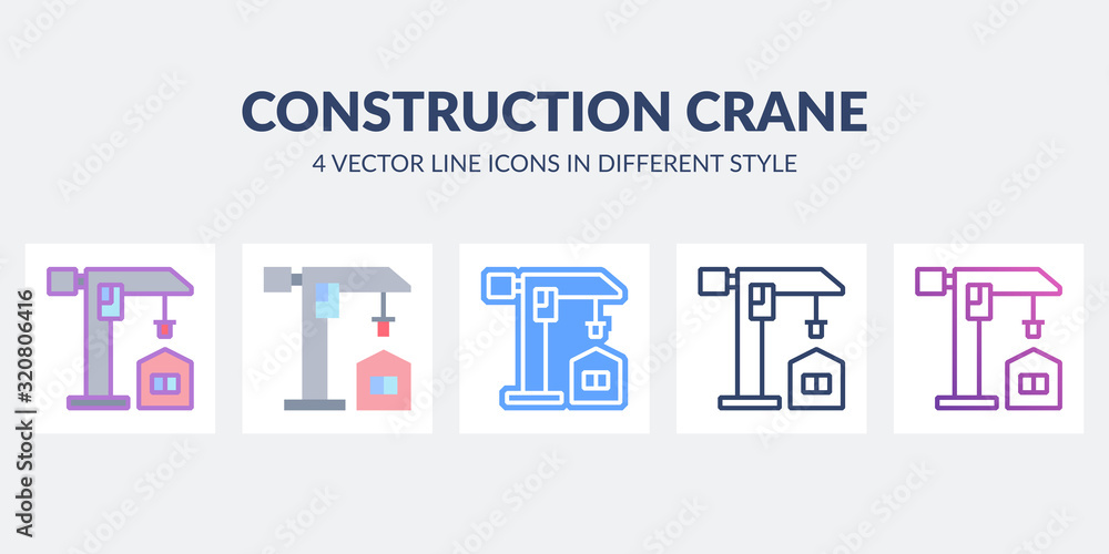 Construction crane icon in flat, line, glyph, gradient and combined styles.