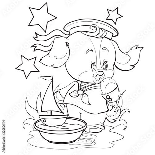 small dog in a cap with ribbons playing with a toy boat in a basin with water among grass and flowers  outline drawing 
