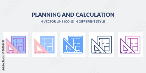 Planning and calculation icon in flat, line, glyph, gradient and combined styles.