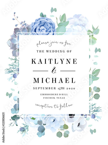 Dusty blue rose, echeveria succulent, white hydrangea, ranunculus, anemone