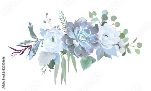 Dusty blue echeveria succulent, white ranunculus, anemone, eucalyptus