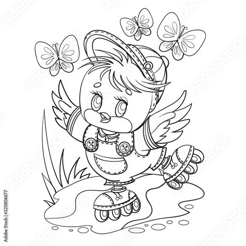 little bird in a cap and in short pants fun rollerblading along a country road, butterflies fly above him, outline drawing