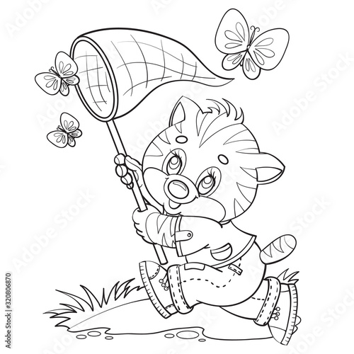 cute fluffy kitten runs with a butterfly net in its paws with butterflies, dressed in panties and a T-shirt, summer, heat, grass, outline drawing,