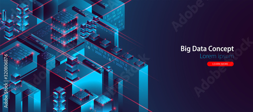 Isometric big data flow processing concept, database. Abstract technology background. Vector illustration