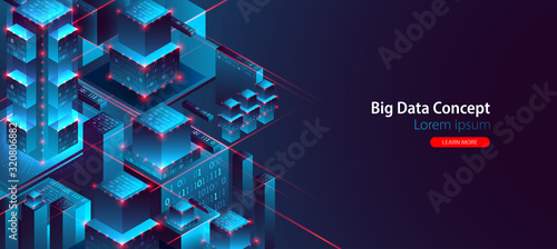 Isometric big data flow processing concept, database. Abstract technology background. Vector illustration