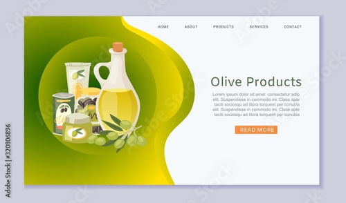 Organic olive oil products with olive fruits, leaves, jars and bottles web template vector illustration. Olive oil health organic extra virgin and natural oils store website.