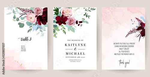 Elegant wedding cards with pink watercolor texture and spring flowers