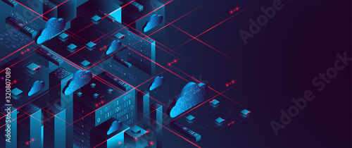 Isometric big data flow processing concept, database. Abstract technology background. Vector illustration