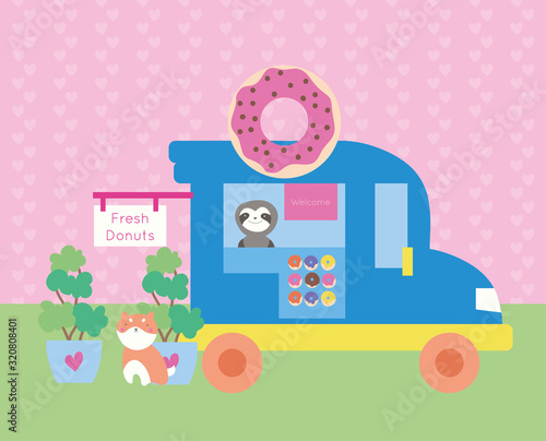 cute kawaii postcard with donuts car and animals