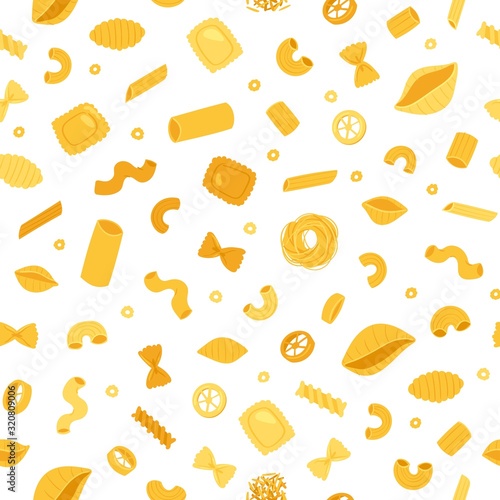 Italian pastaand macaroni seamless pattern of spaghetti and rigatoni, ravioli isolated on white background vector illustration. Italian pasta backdrop for italian cuisine restaurant, shop or cafe.