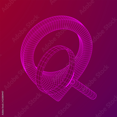 Location pin geo mark icon for travel with magnifying glass. Search path navigator concept. Wireframe low poly mesh vector illustration