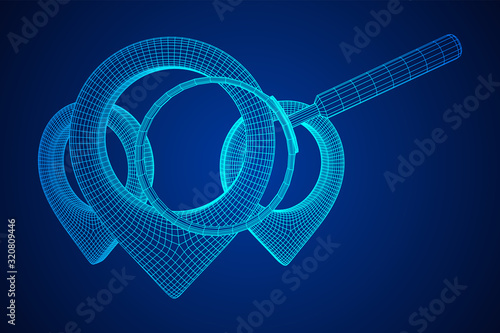 Location pin geo mark icon for travel with magnifying glass. Search path navigator concept. Wireframe low poly mesh vector illustration