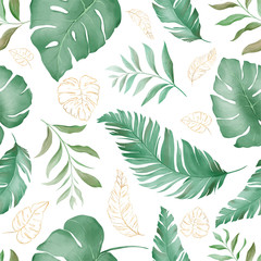 Gordijnen Tropische bladerprint patronen Seamless pattern of tropical leaves with outlined golden glitter on white background vector  © KeepMakingArt