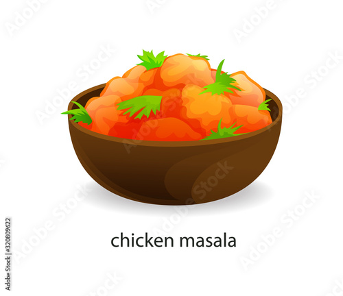 Traditional indian dish chicken masala slices of fried chicken with curry in juicy sauce. India dishes menu restaurant breakfast and dinner cartoon vector illustration