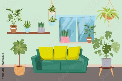Living room interior with green plants and furniture cartoon vector illustration. Living room design with sofa and home plants in pots on shelves and window. Contemporary interior of green house.