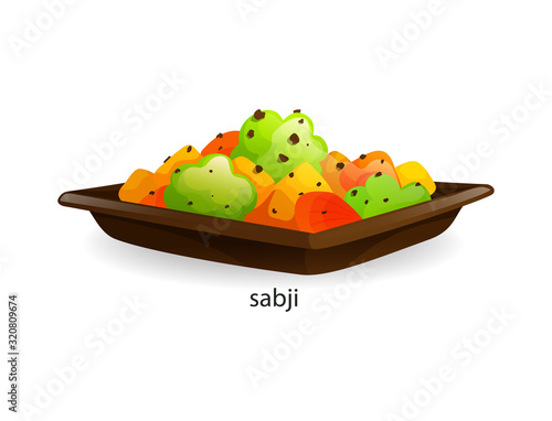 Traditional indian dish sabji vegetable stew. India dishes menu restaurant breakfast and dinner cartoon vector illustration