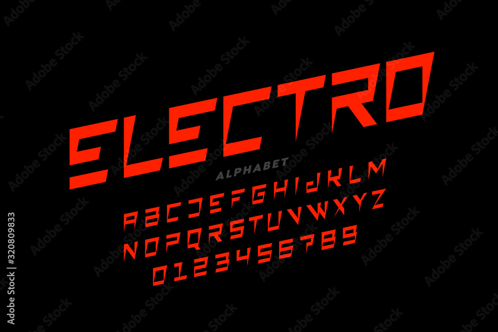 Electric style font, alphabet letters and numbers
