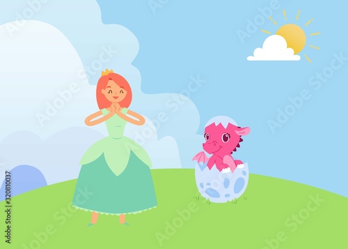 Magical fairytale with princess and baby dragon vector illustration. Pink cartoon newborn in egg shell. Collection for little girls and princess. Magical animals, pink dragon, fairy tale princess.