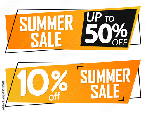 Summer Sale, up to 10 and 50% off, banners design template, discount tags, limited time only, vector illustration