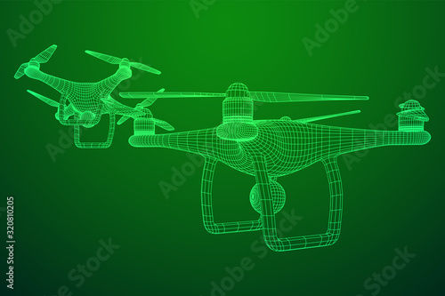 Remote control air drone. Dron flying with action video camera. Wireframe low poly mesh vector illustration