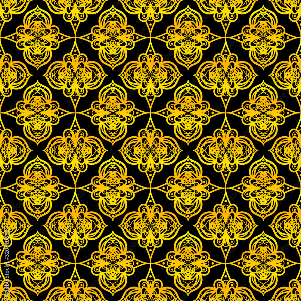 Black and gold ornamental seamless pattern. Vintage elements. Art deco damask design. Retro design for beauty spa salon, wrapping paper, ornaments, gift packaging, backdrop.